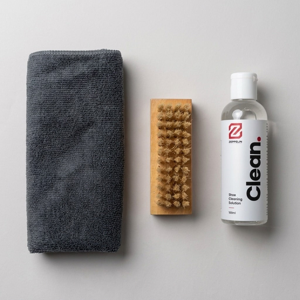 Zeppelin Clean: the cleaner, a wooden brush and a microfibre towel