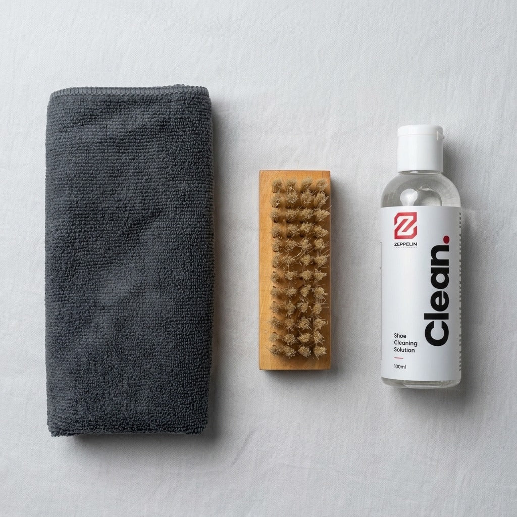 Zeppelin Clean kit laid flat: microfibre towel, wooden brush and the 100 ml Clean bottle