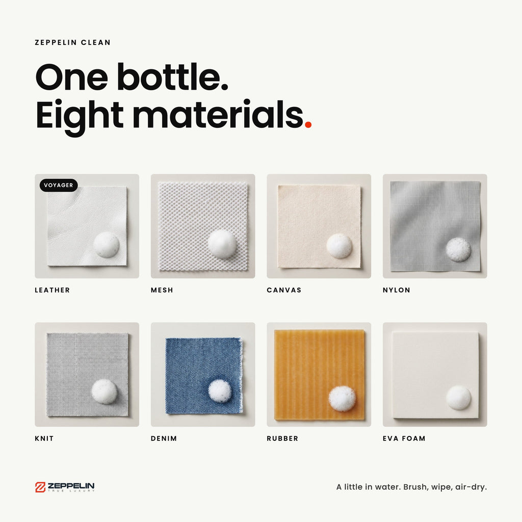 One bottle, eight materials: leather, mesh, canvas, nylon, knit, denim, rubber and EVA foam